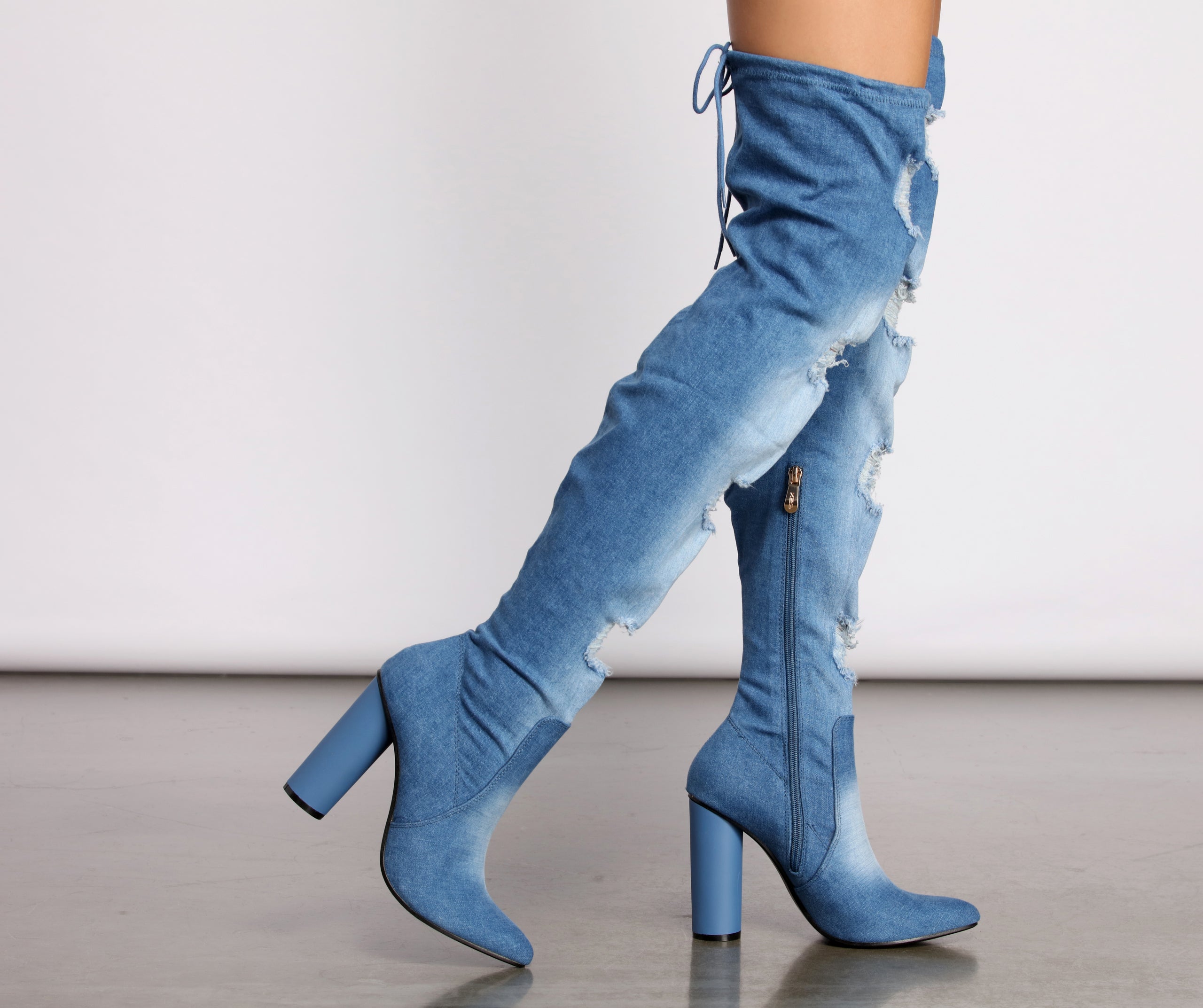 Denim Diva Over The Knee Block Heeled Boots