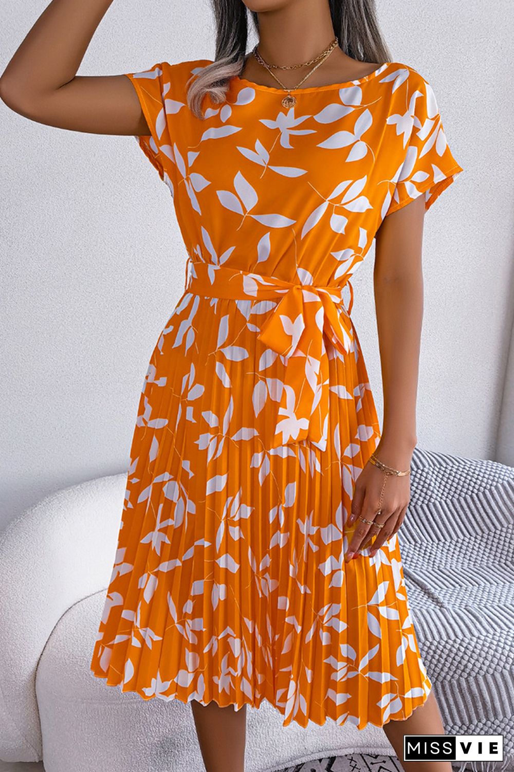 Leaf Print Pleated Midi Dress With Sash