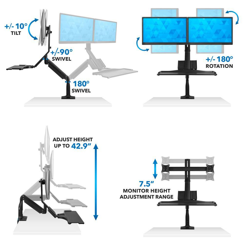 Mount-It 26 in. Rectangular Black Standing Desk Converter with Dual Monitor Arm Mount and Phone Holder MI-7984