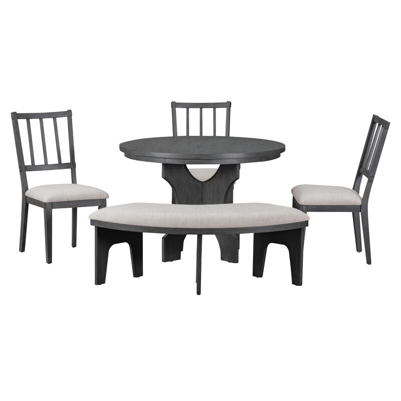 5 Piece Dining Table Set  Round Dining Table with Curved Bench   Side Chairs for Dining Room and Kitchen