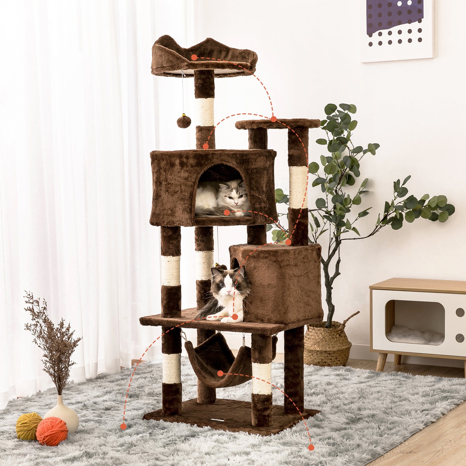 Quuzee 51.6-in Cat Tree Tower with Double Condo,Scratching Post Hammock, Brown