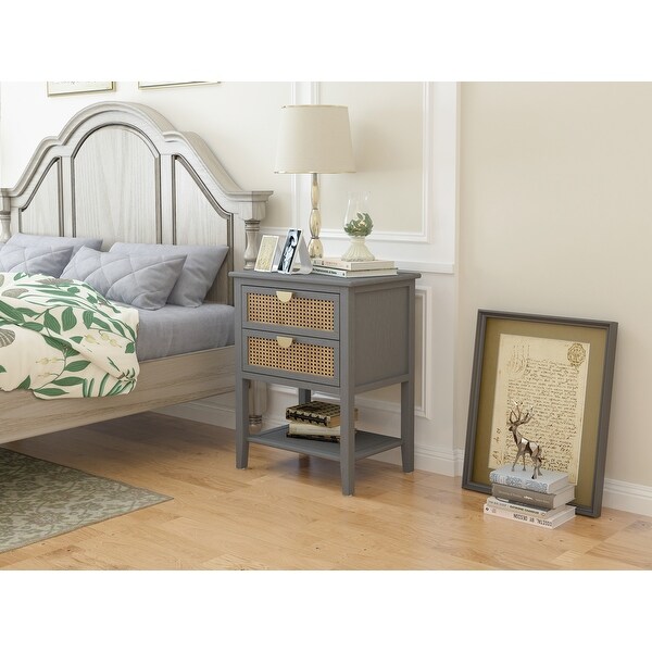 Wooden End Table with One Two Drawers， Side Table with Drawers Made Of Rattan， Bedside Table with Shelves At The Bottom