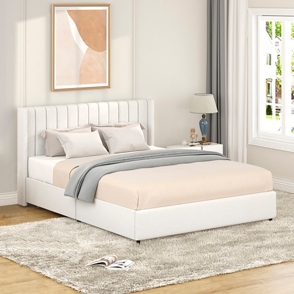 Queen Size Platform Bed with Tufted Headboard and 4 Drawers Ivory