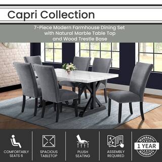 Hanover Capri 7-Piece Dining Set with Linen Side Chairs Natural Marble Table Top and Wood Trestle Base HDR015-7PC-WHT