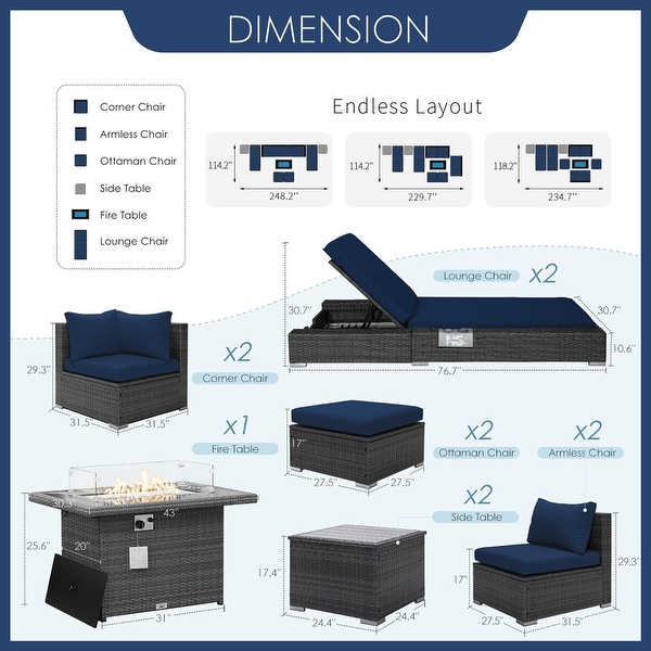 Nicesoul 11 Pieces Patio Furniture Set Outdoor Sectional Sofa with Firepit Table