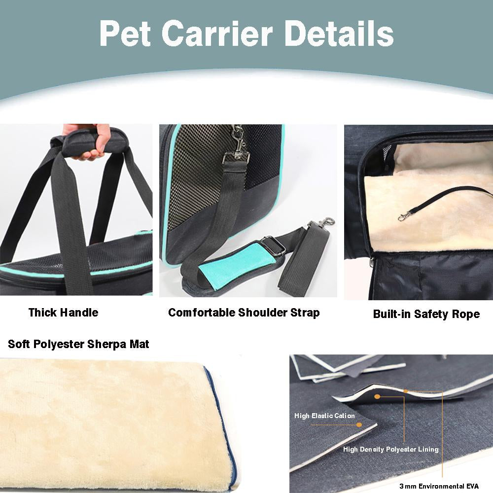 Cat Carrier Airline Approved， Small Pet Carriers Soft Sided Carry  Bag Small Cats / Dogs Comfort Travel Bag Outdoors Bags Under 15 lbs， Mint Green