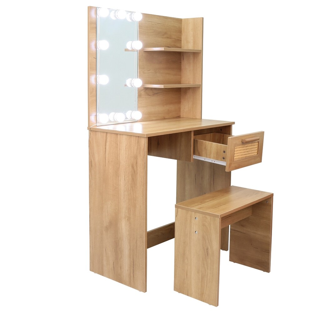 Vanity Desk Set Stool   Dressing Table with LED Lighting Mirror Drawer and Compartments Modern Wood Cosmetic Table