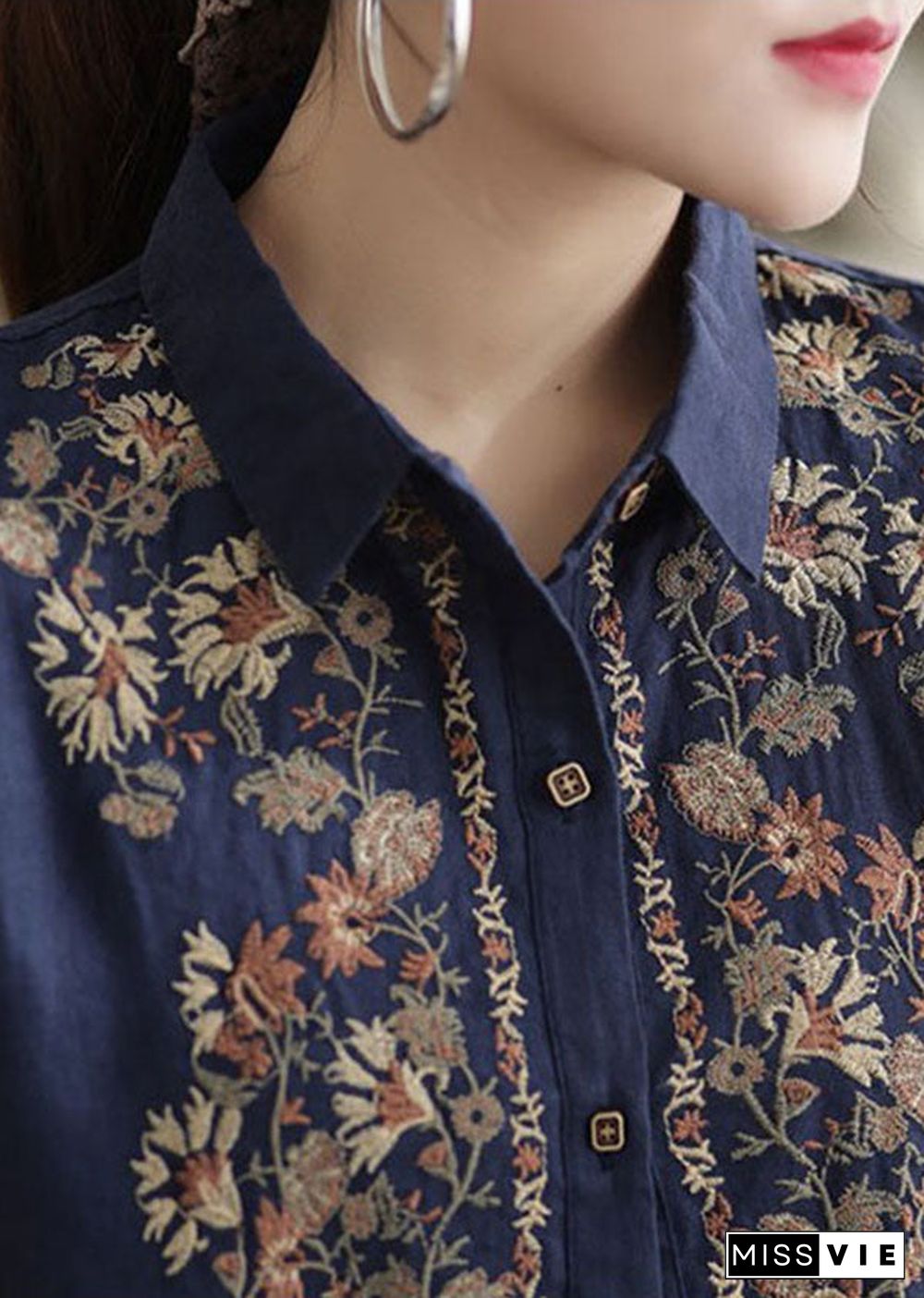 Navy Linen Shirt Top Turn-down Collar Embroideried Spring