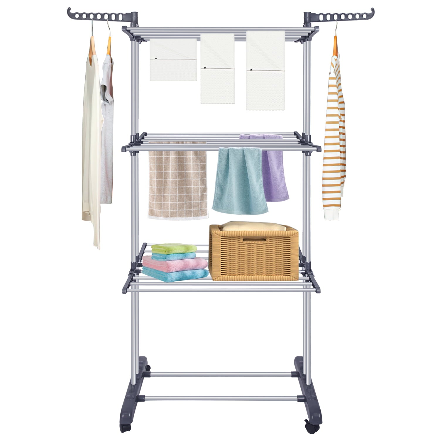 Bigzzia Foldable Clothes Laundry Rack 3 Tier Clothes Drying Rack with Stainless Steel Hanging Rods, Drying Rck for ClothesGray