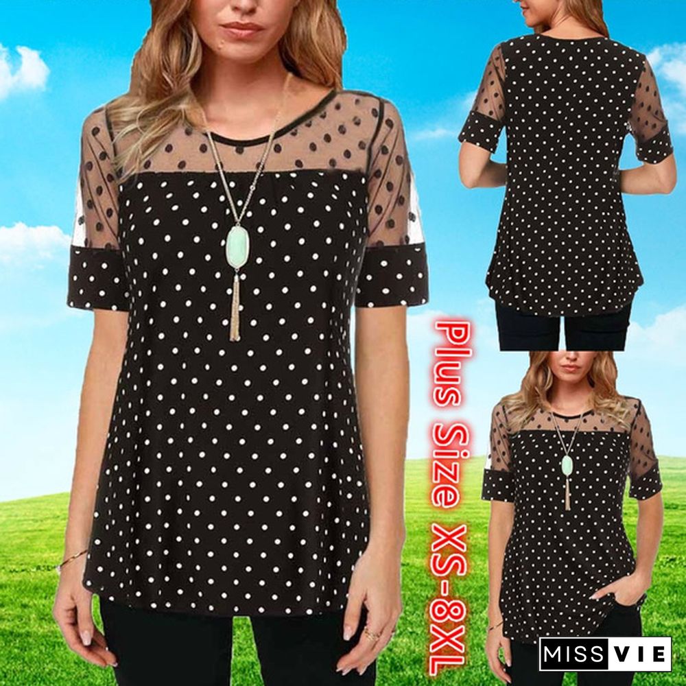 Women Polka Dot Mesh Patchwork Short Sleeve Blouse T Shirt Plus Size XS-8XL