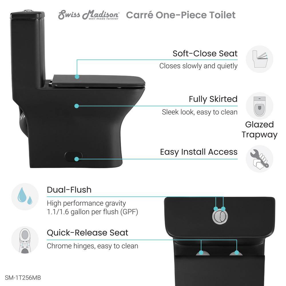 Swiss Madison Carre 1-Piece 0.81.28 GPF Dual Flush Square Toilet in Matte Black Seat Included SM-1T256MB