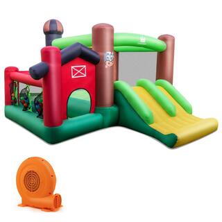 Costway Farm Themed Inflatable Castle Kids Bounce House with Double Slides and 750-Watt Blower NP10750+ES10151US