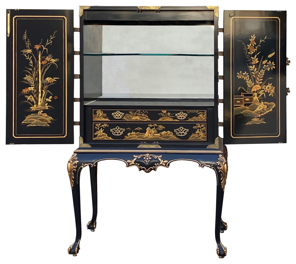 Vintage Chinoiserie Black And Gold Graphic Claw Legs Cabinet Hcs7263   Asian   Accent Chests And Cabinets   by Golden Lotus Antiques  Houzz