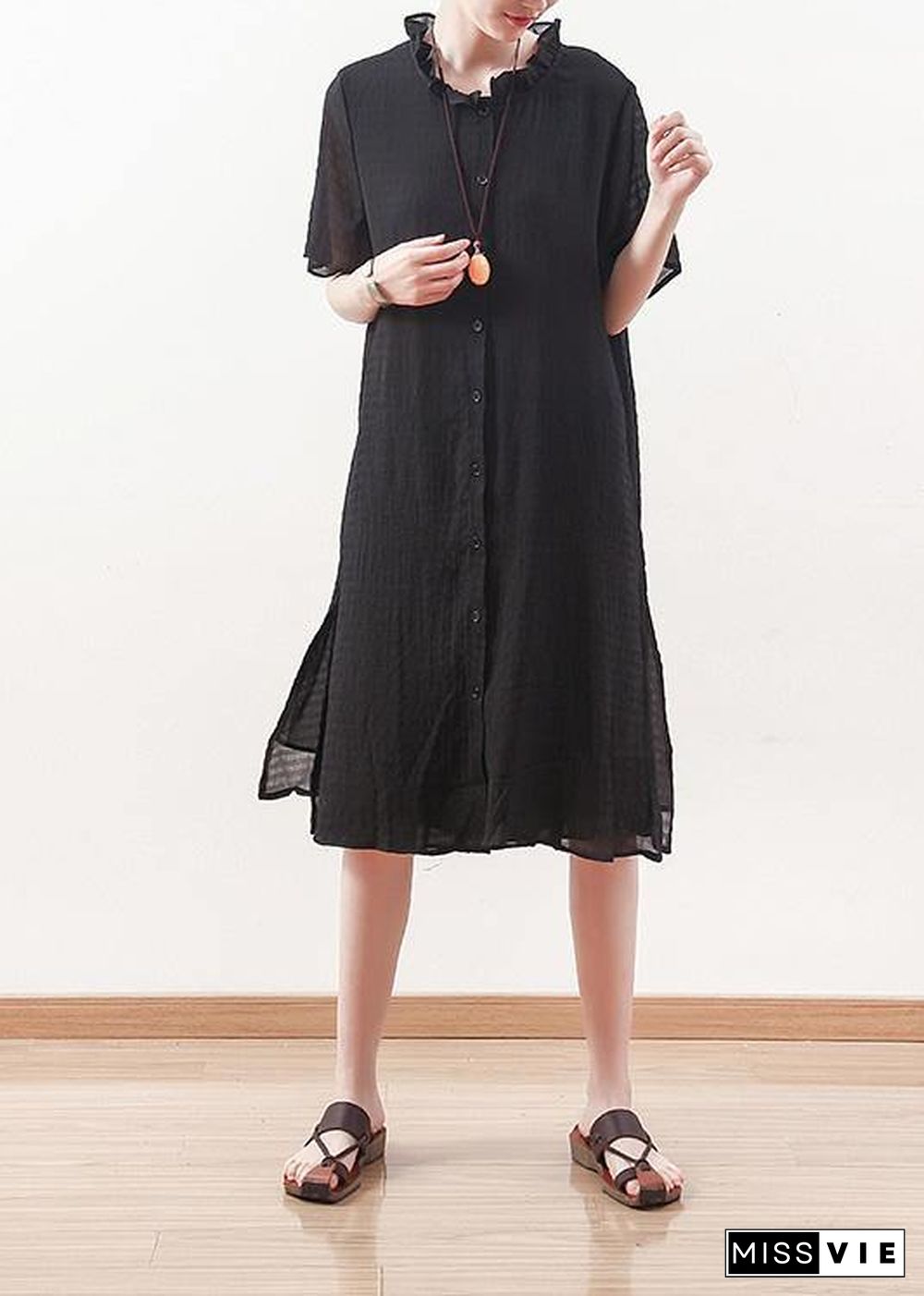 Style black Chiffon Shirts ruffles collar Knee summer Dresses