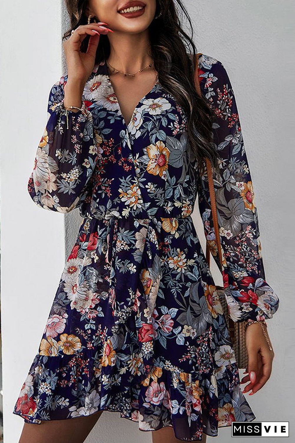 Chiffon V-Neck Floral Print Dress