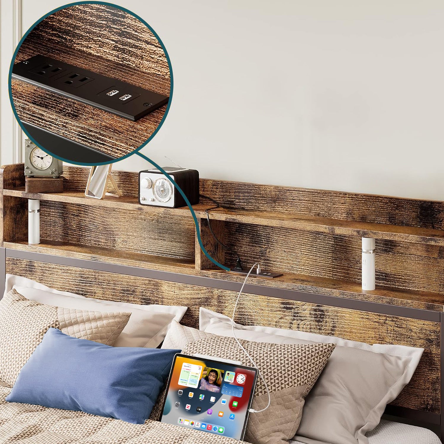 Bed Frame with Bookcase Headboard and Drawer and Charging Station, Vintage Brown