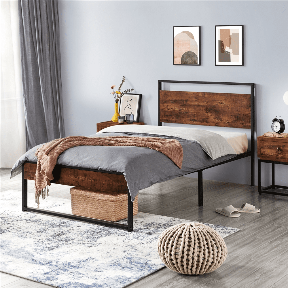 Yaheetech Rustic Metal Platform Bed with Wooden Headboard and Footboard, Twin Size, Mahogany