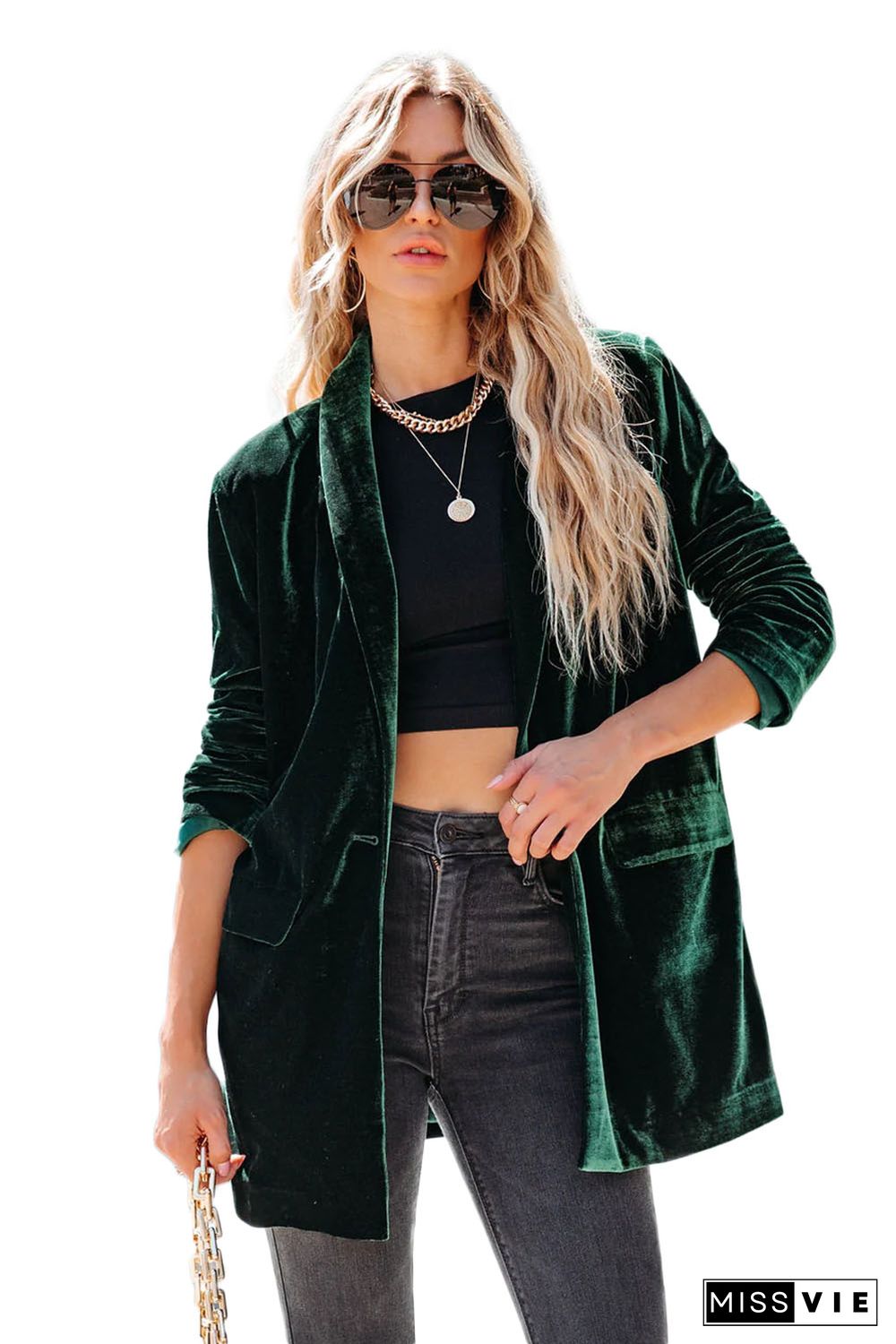 Green Casual Pocketed Velvet Blazer