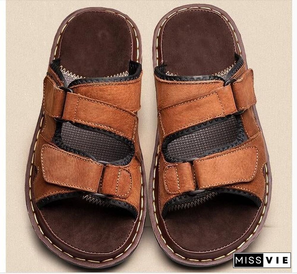 Men Cow Genuine Leather Sandals Slides Slippers Flats Summer Beach Shoes