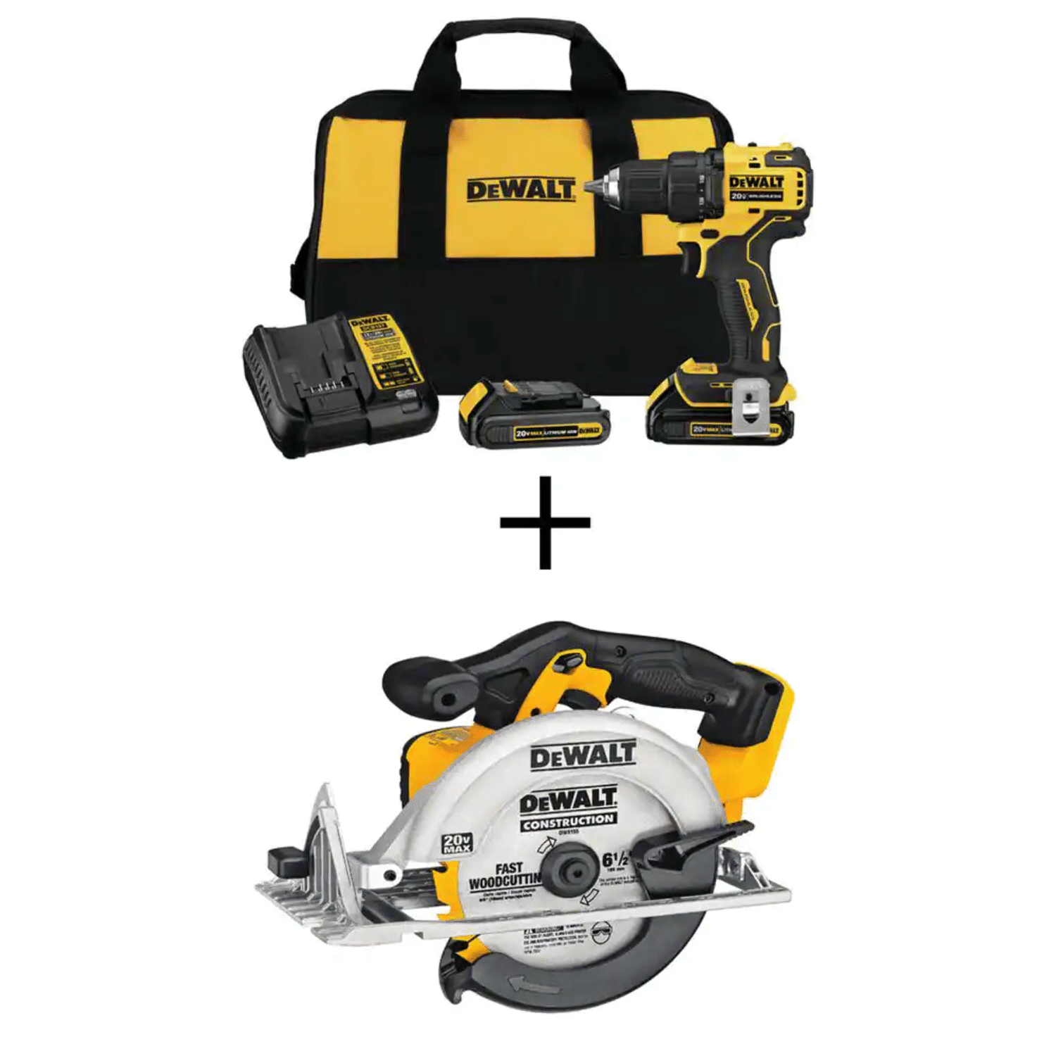 Dewalt ATOMIC 20-Volt MAX 1/2 in. Drill/Driver， 2 Batteries and 6-1/2 in. Circular Saw， DCD708C2WCS391B