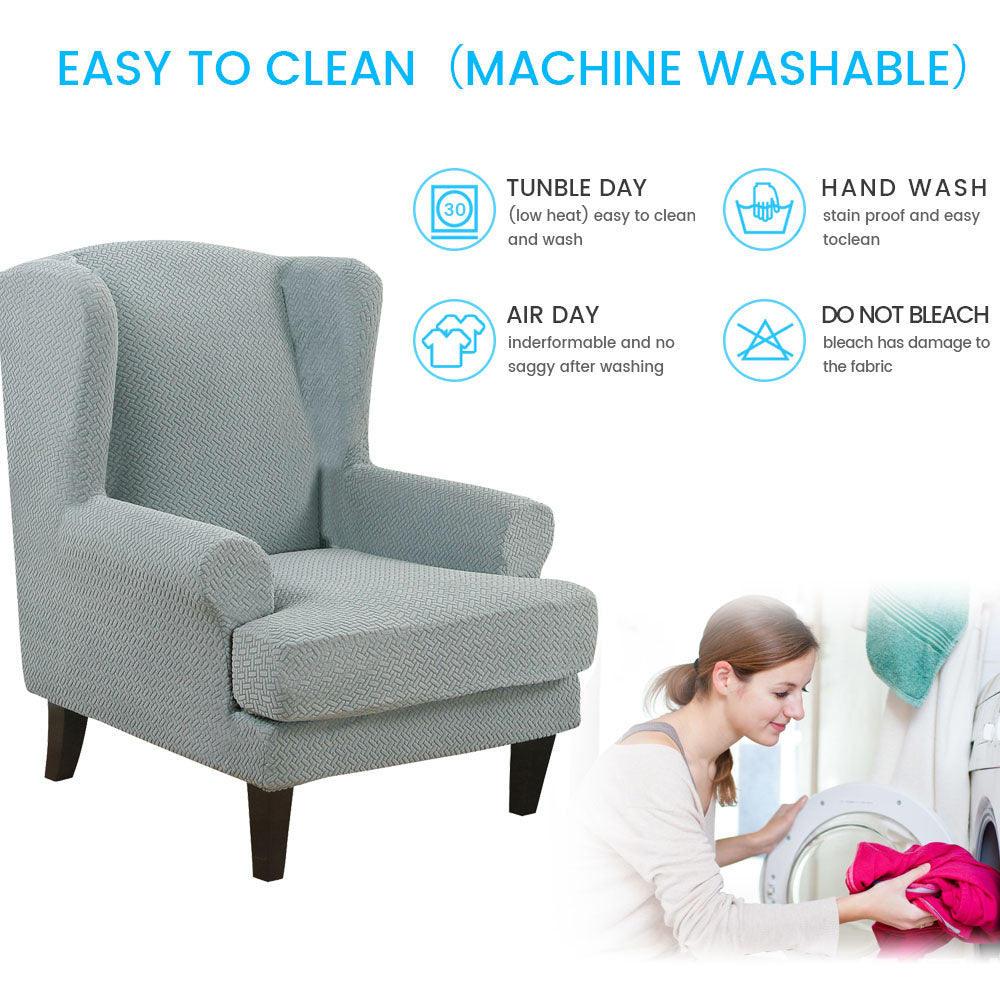 Stretch 2-Piece Elegant Pure Color Wing Chair Slipcover , Machine Washable Jacquard Knitted Fabric