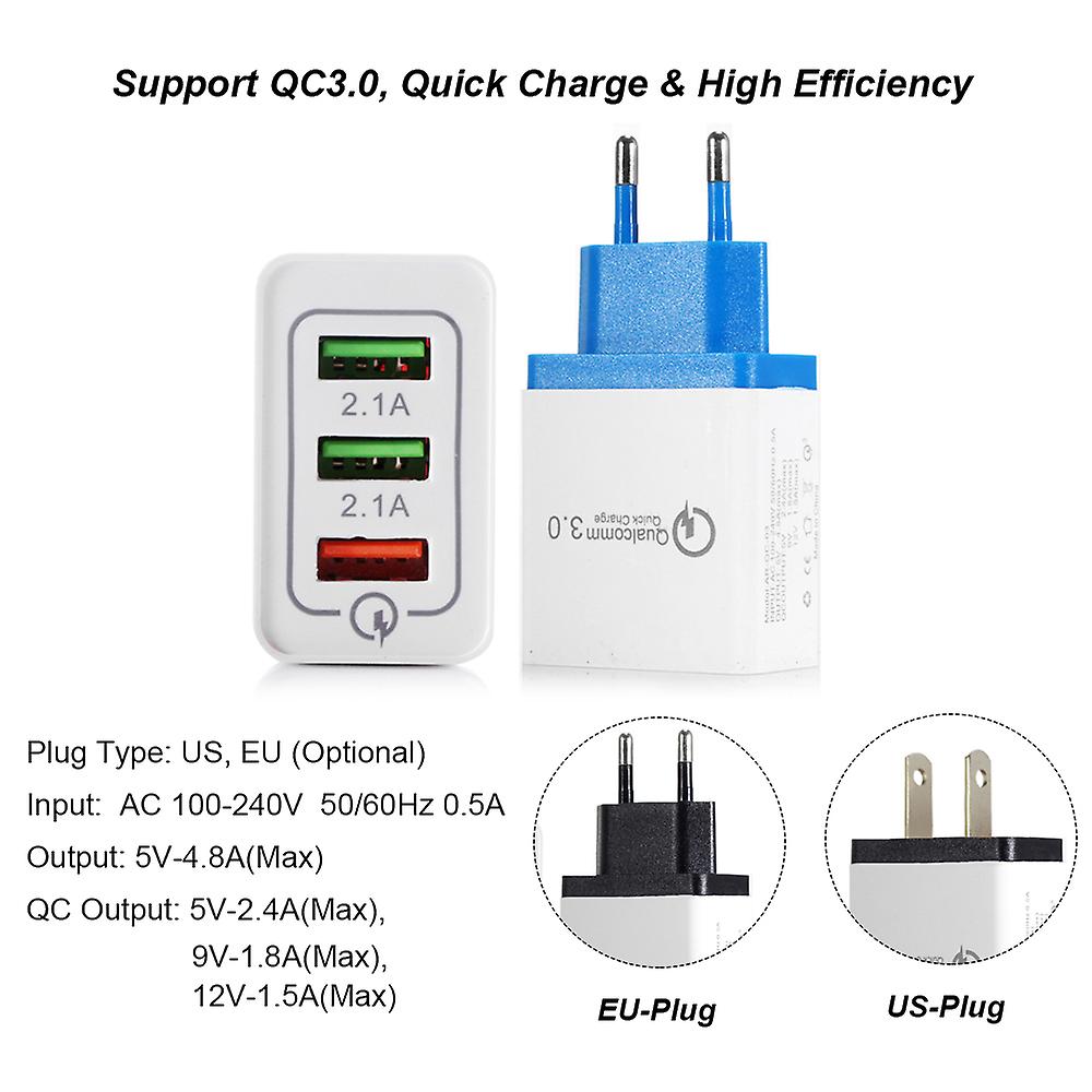 Grey Eu Plug Portable Travel Home Universal 3-port Usb Wall Charger Qc3.0 Quick Charge Fast Charging Us/eu Plug Charger Adapter For Smartphones Tablet