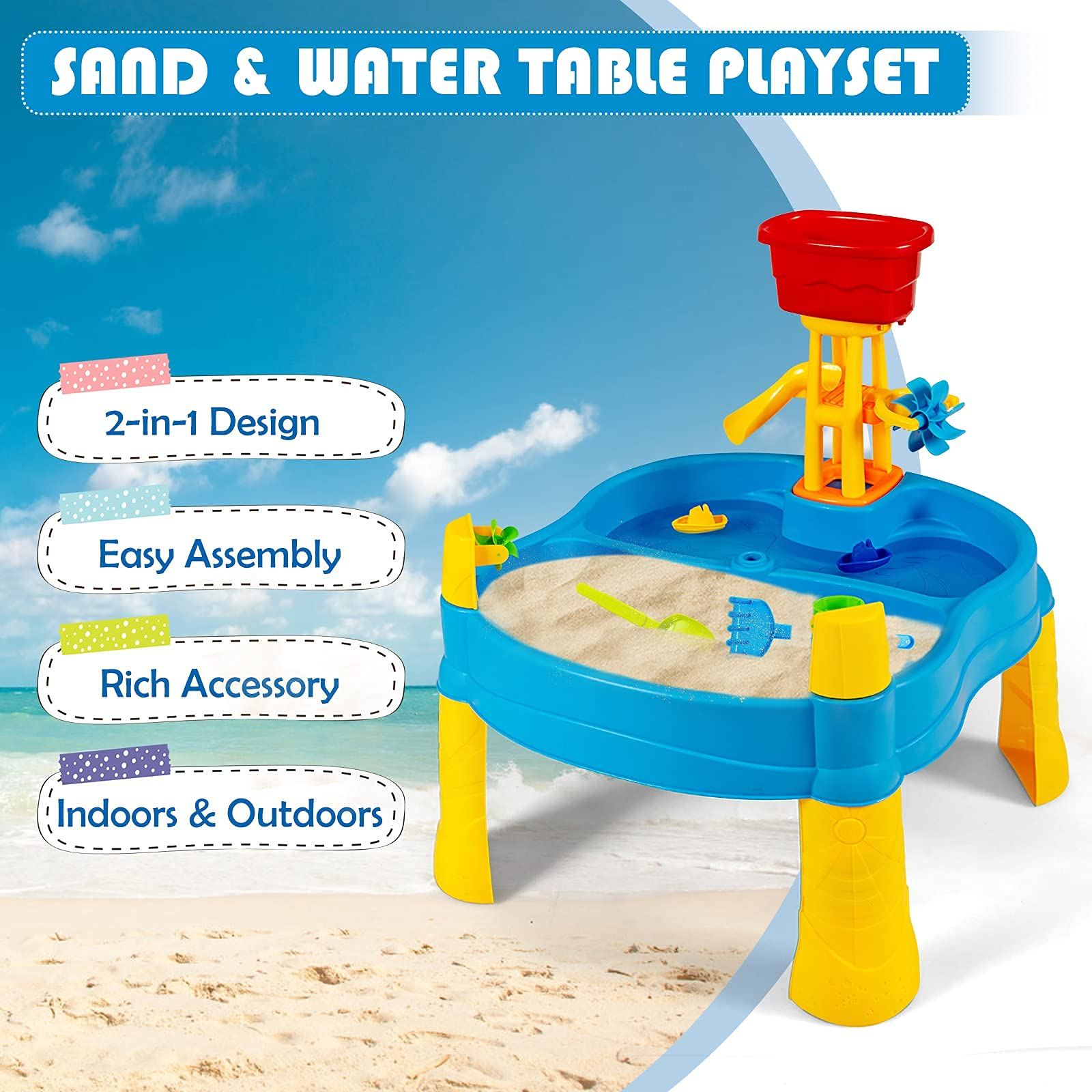 Costzon Kids Sand and Water Table, 2 in 1 Splash Water Table for Toddlers