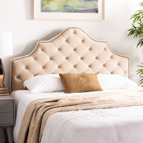 SAFAVIEH Arebelle Buckwheat Velvet Upholstered Tufted Headboard - Brass Nailhead (Queen) - - 11551735