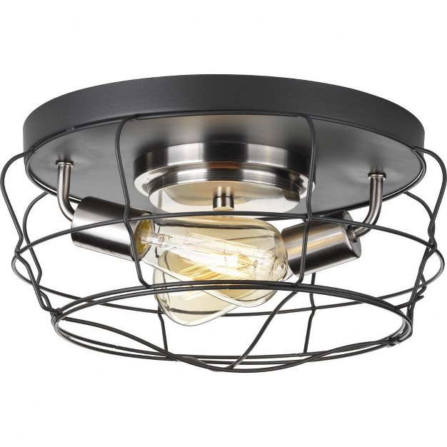 Progress Lighting Gauge Collection 2 light Flush Mount Graphite Finish Open Cage Design Steel Frame