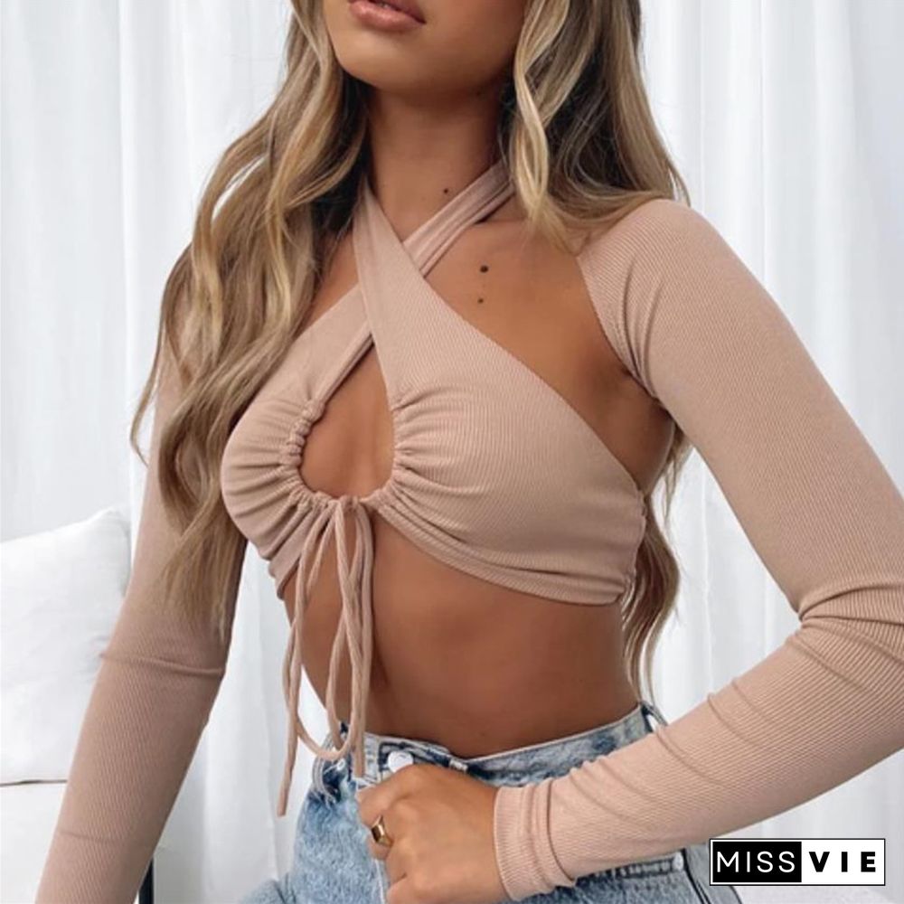 Women Knitted Cropped Top Drawstring Low-Cut Halter Camis Long Sleeve Covers Ribbed Stretch Streetwear