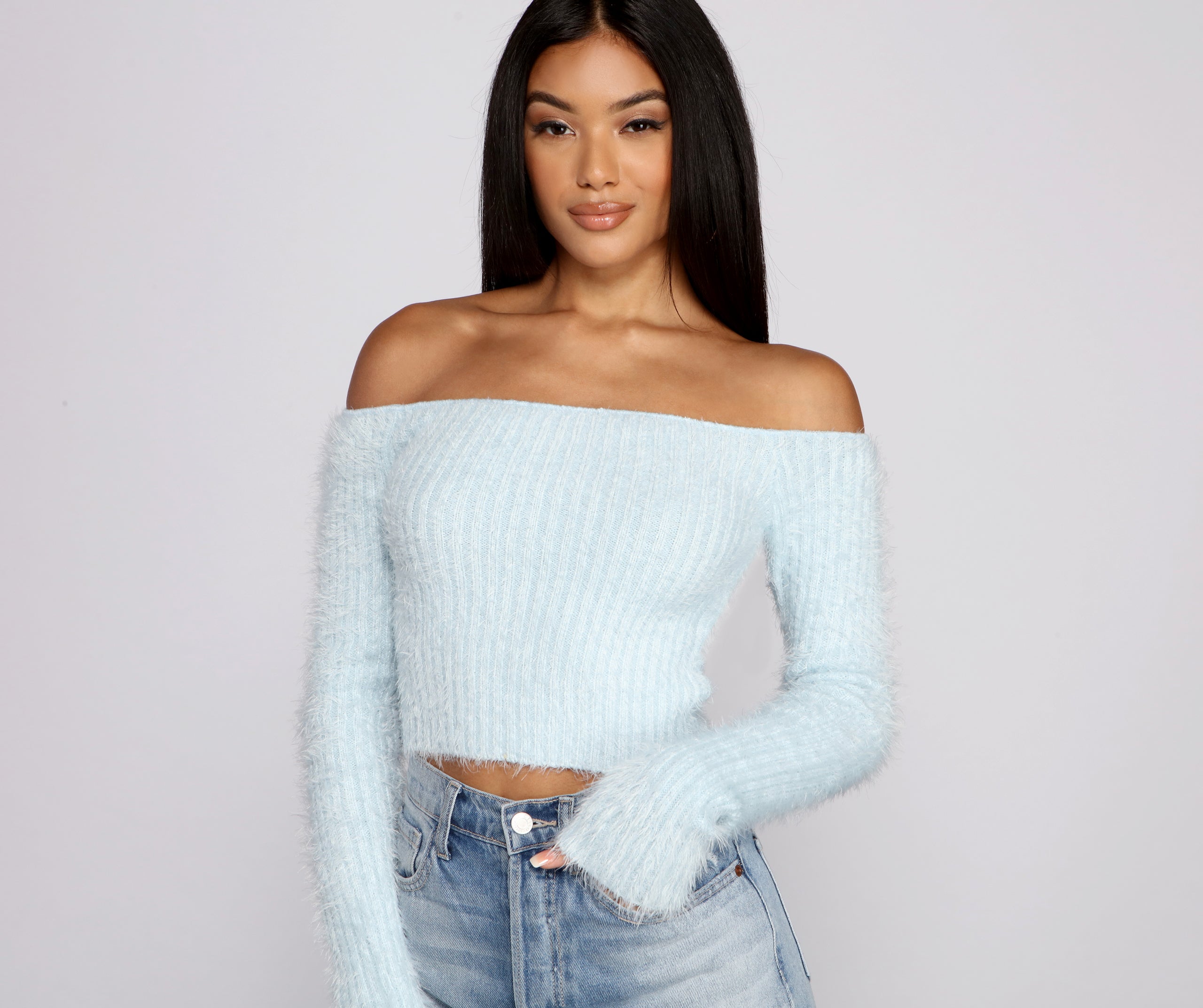 Off The Shoulder Ribbed Eyelash Knit Sweater