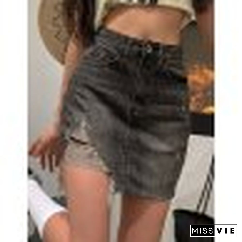 High Waist Irregular Ripped Denim Skirt