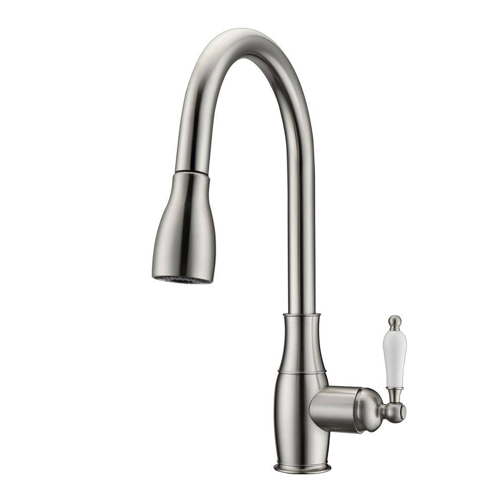 Barclay Products Cullen Single Handle Deck Mount Gooseneck Pull Down Spray Kitchen Faucet with Porcelain Handle in Brushed Nickel KFS411-L3-BN