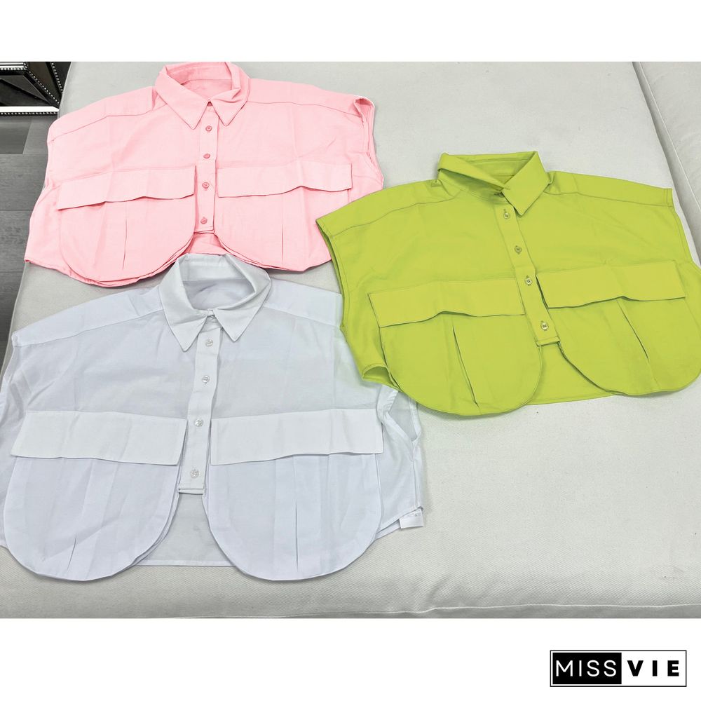 Solid Color Cargo Style Loose Shirts Crop Tops