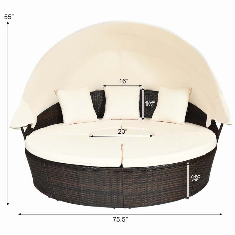 Rattan Wicker Patio Round Daybed with Retractable Canopy & Coffee Table, Outdoor Sectional Furniture Sofa Set