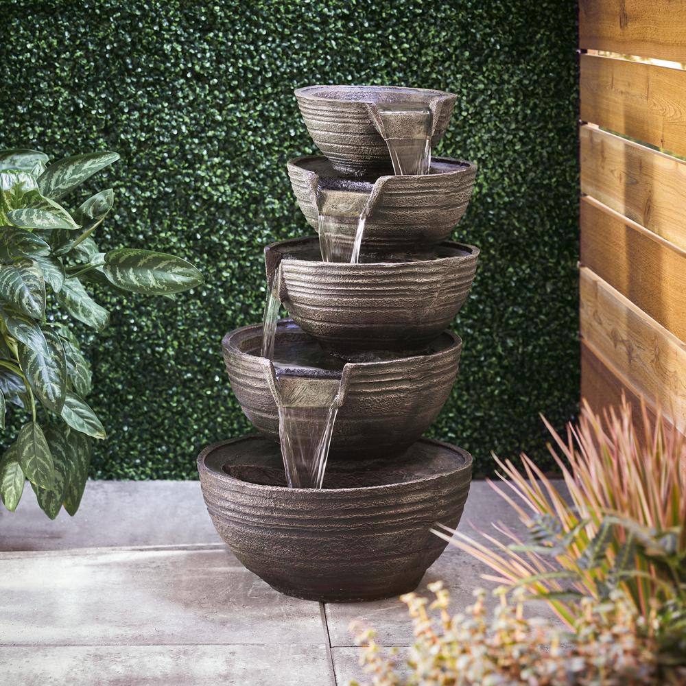 Alpine Corporation 34 in. Tall Outdoor 5-Tier Modern Bowl Cascading Waterfall Fountain with LED Lights TZL101