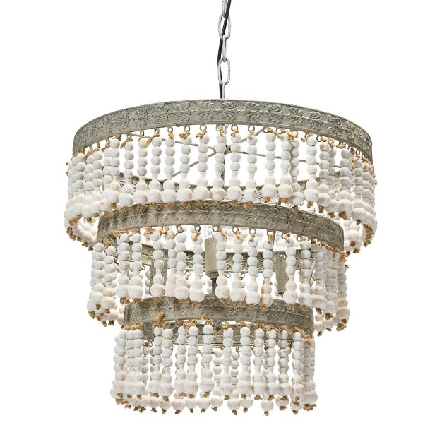 3 tier Round Metal Chandelier With 3 Lights And Hanging Wood Beads Cream Storied Home