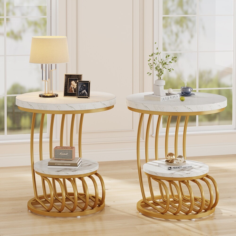 2 Tiers Round End Table  Side Table with Storage Shelf for Living Room