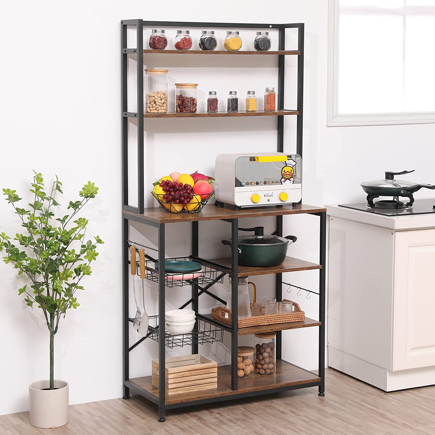 Yoleny 6-Tier Kitchen Baker's Rack， Microwave Oven Stand， Free Standing Utility Storage Shelf for Kitchen， Living Room， Brown