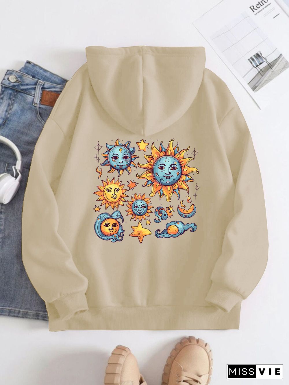 Printed on the Back Kangaroo Pocket Hoodie Long Sleeve for Women Pattern Sun and Moon Painting