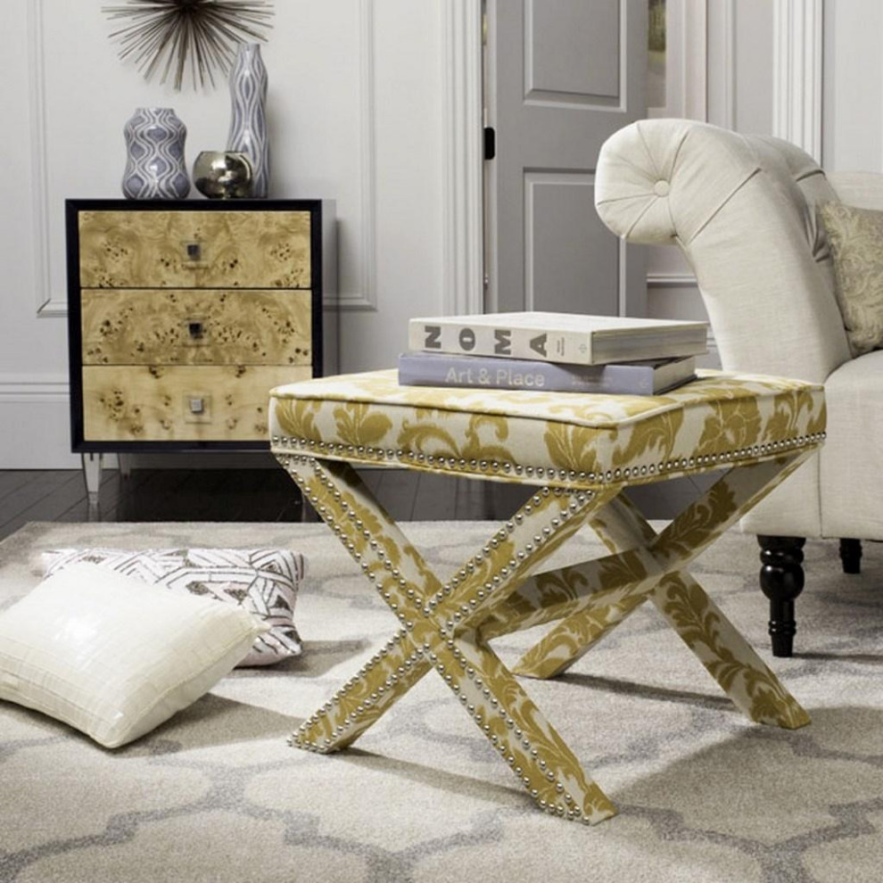 Arnold Ottoman Silver Nail Heads Maize/ Beige Print   Traditional   Footstools And Ottomans   by Peachtree Fine Furniture  Houzz