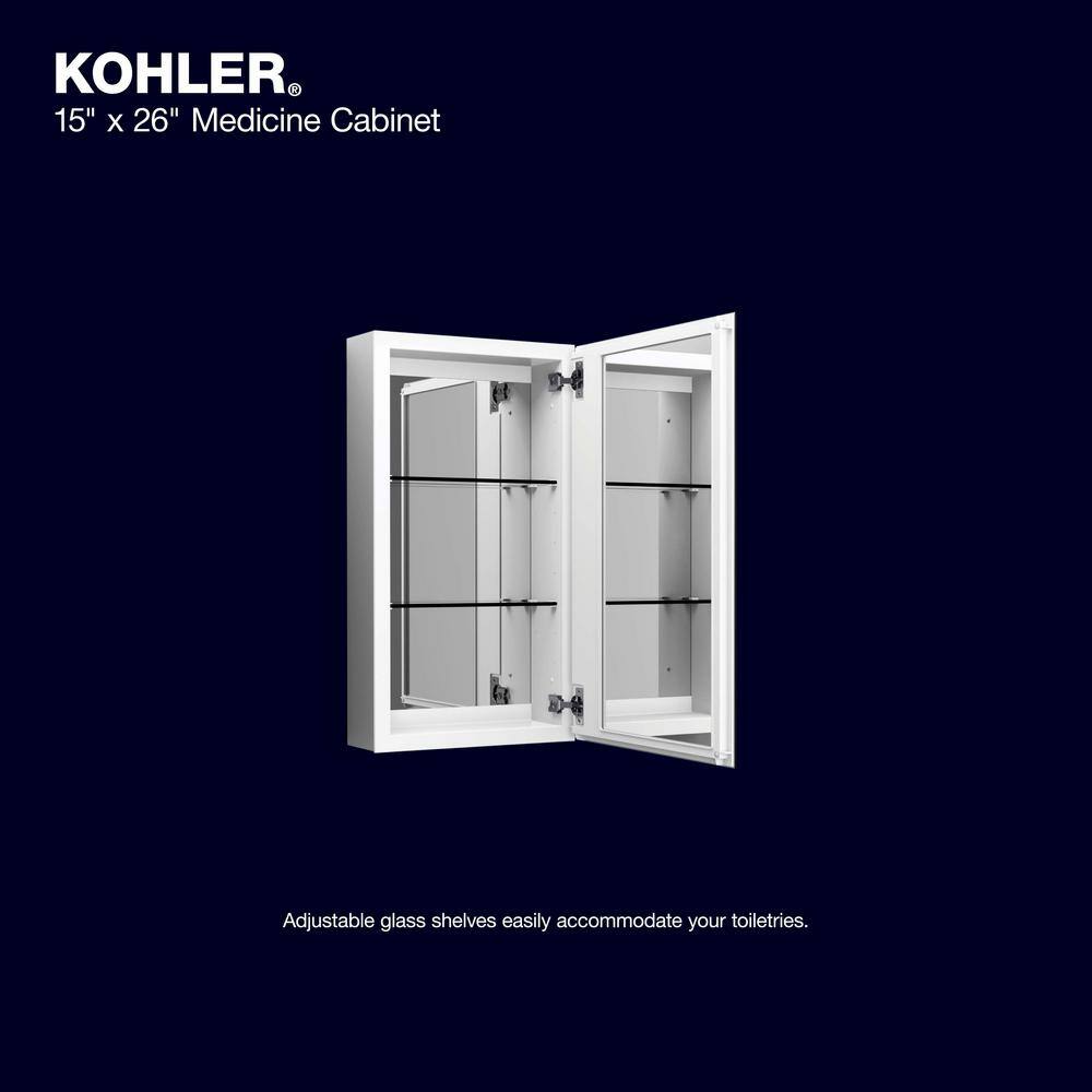 KOHLER 15 in. x 26 in. Aluminum Recessed or Surface Mount Soft Close Medicine Cabinet with Mirror in White Powder-Coat K-R79215-CA1