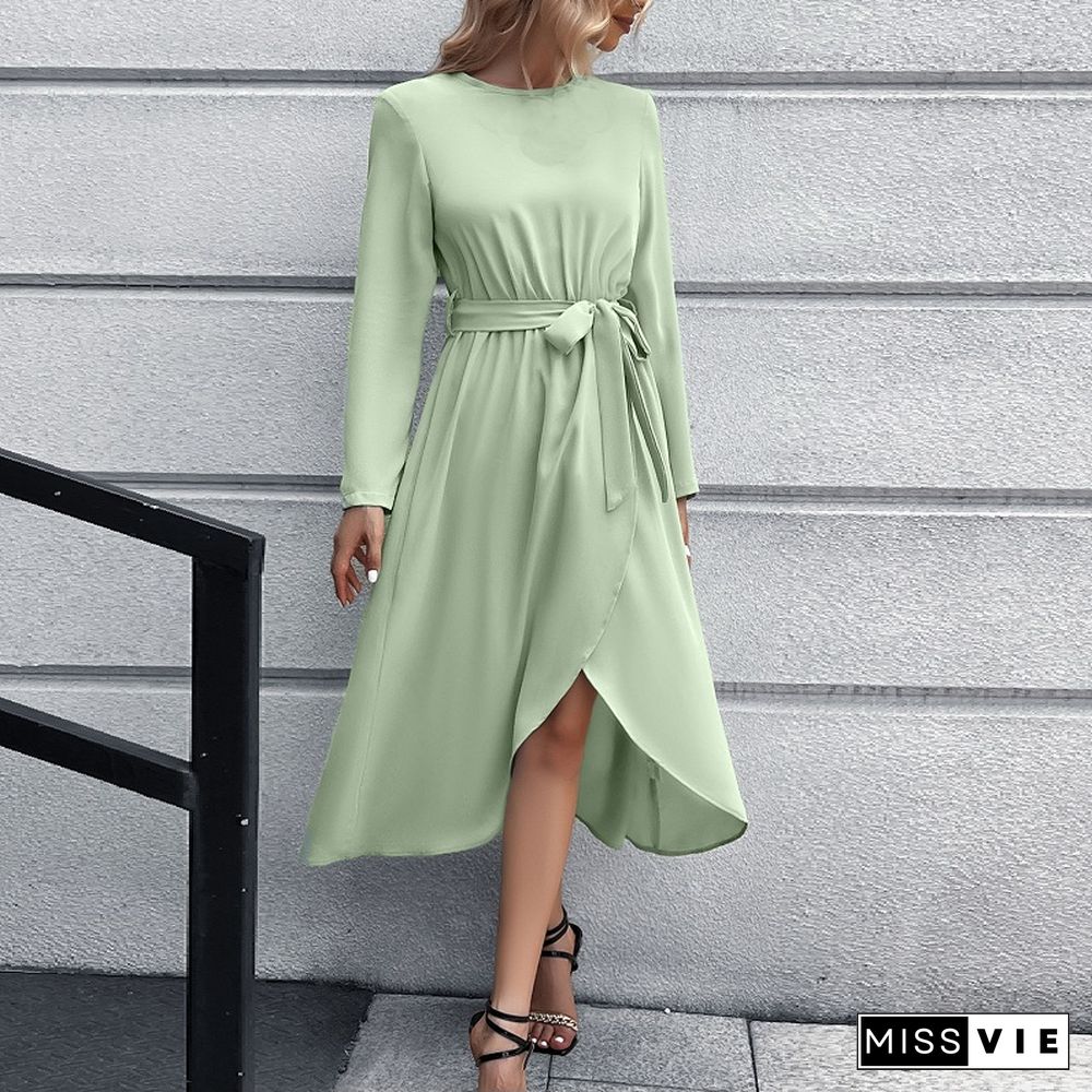 Elegant Fashion Hem Split Dress For Women Spring Dresses Solid Color Lace Up Skinny Long Sleeve A-line Midi Dress