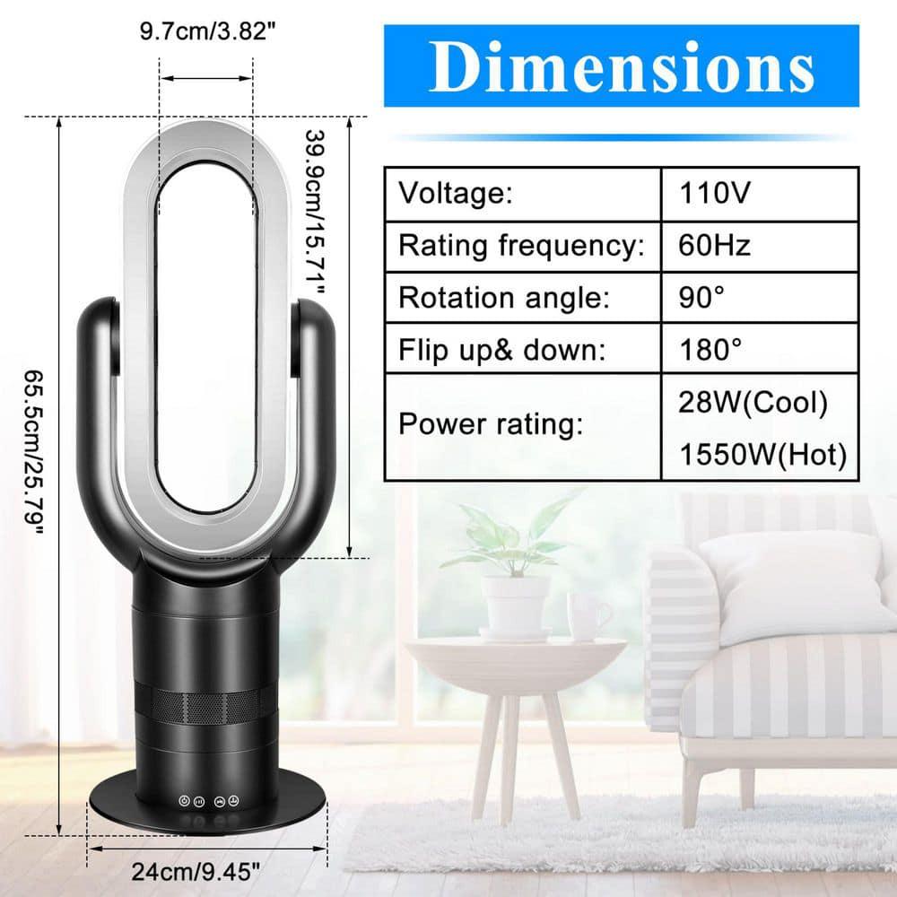 JESHUA 26 in Space Heater Bladeless Tower Fan Heater and Coolingn Combo Black