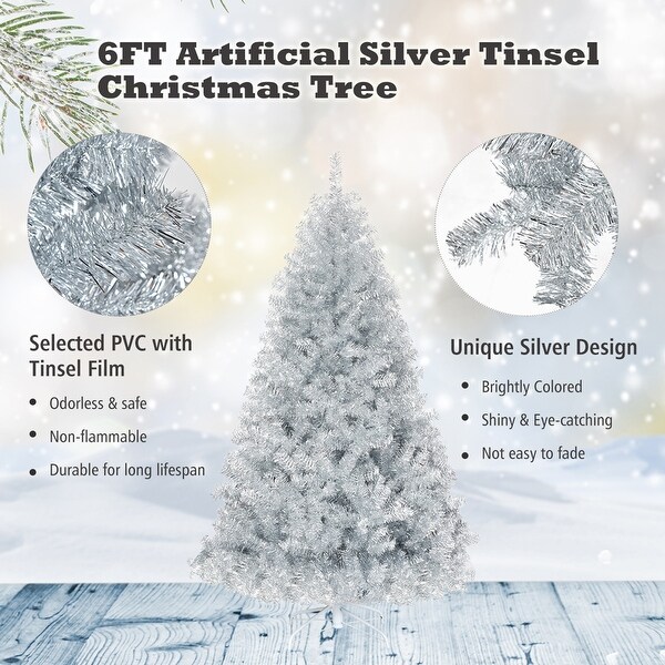 Gymax 6 FT Silver Tinsel Christmas Tree Artificial Hinged Tree Holiday