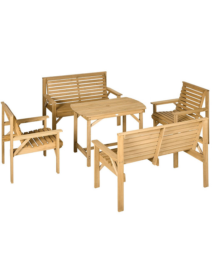 Outsunny 5 Piece Patio Furniture 6 Seat Outdoor Dining Set Natural Wood Dinner Table 2 Chairs Loveseats with Armrests and Umbrella Hole Conversation Set for Backyard Pool Porch Light Brown