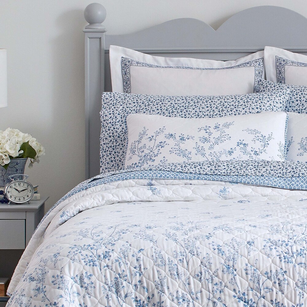 Laura Ashley Flora Cotton Reversible Blue Quilt Set