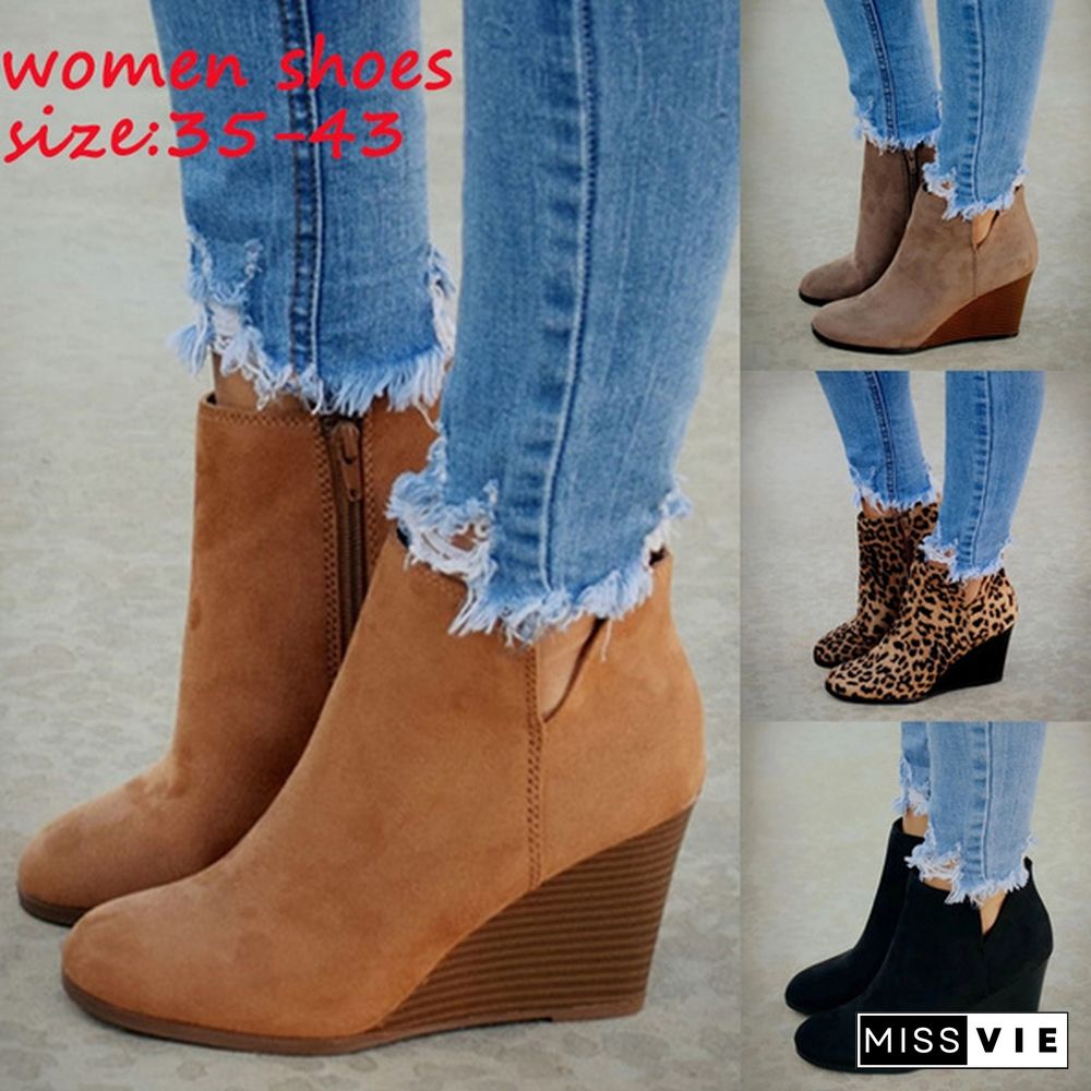 Women Casual Style Boots Autumn Winter Zipper Ankle Wedge Heel Comfortable Boots Cute Fashion Boots Shoes