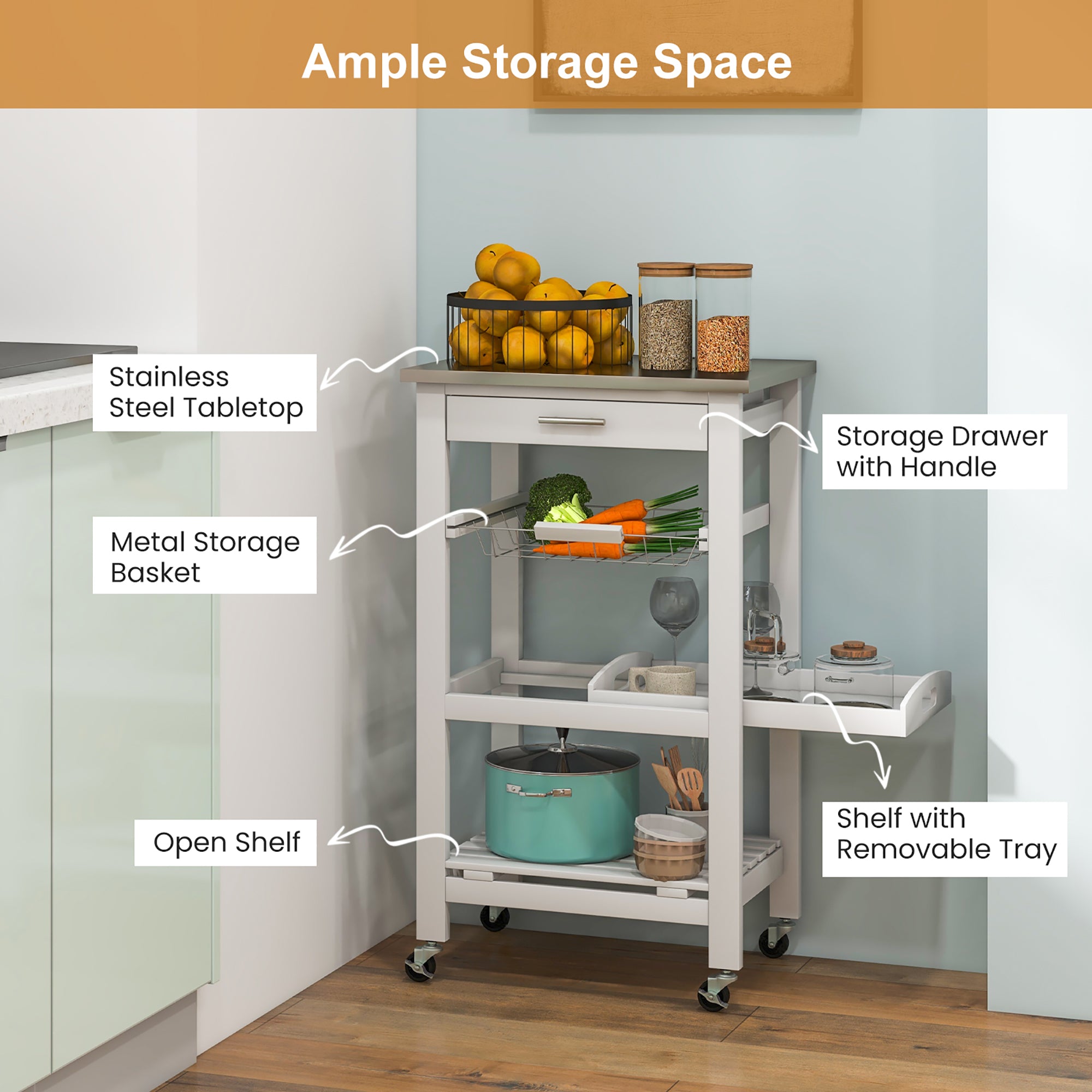 Costway Compact Kitchen Island Cart Rolling Service Trolley withStainless Steel Top Basket