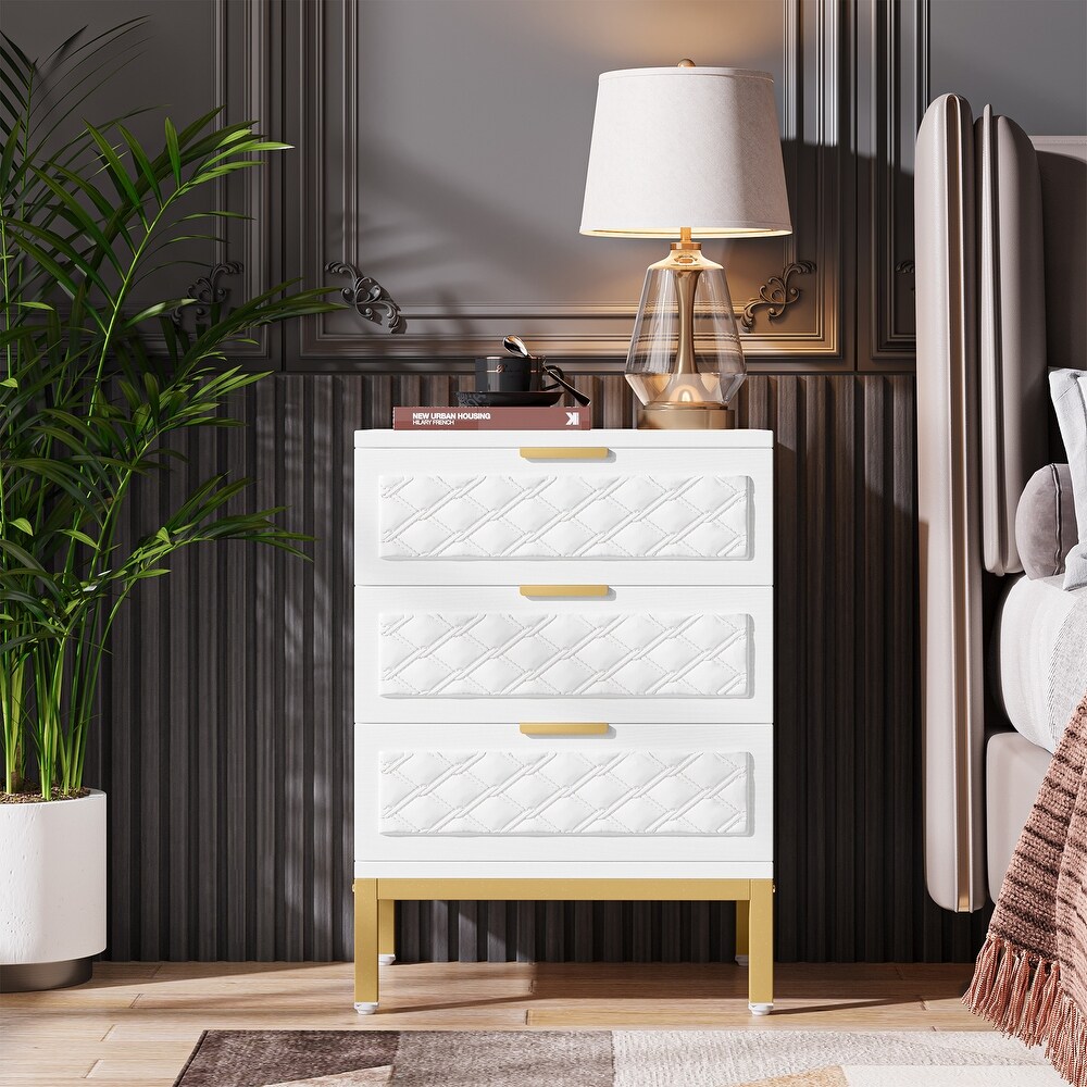 3 Drawer Nightstand  Modern Beside Table End Table with Storage Drawers and Gold Legs